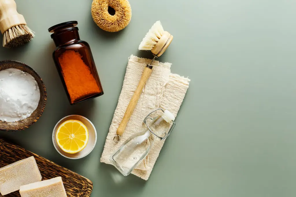 Eco-friendly cleaning brush, cloth and lemon flat lay from Cleaning With Meaning in Maidstone