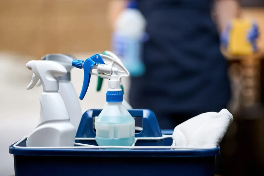Eco-friendly cleaning caddy and spray bottles ready for an end of tenancy clean in Maidstone